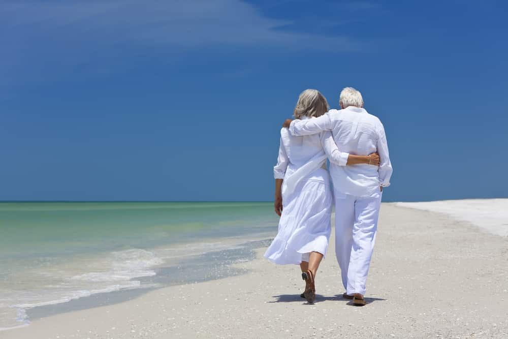 View from behind of senior couple, arms around each other, walking on beach